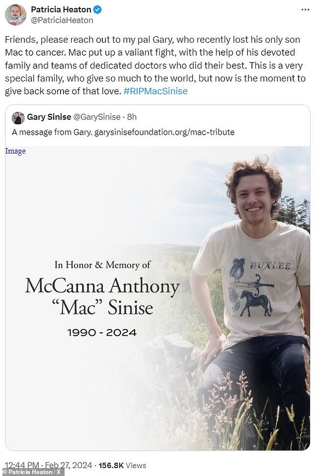 Actress Patricia Heaton stated, 'Friends, please reach out to my pal Gary, who recently lost his only son Mac to cancer. Mac put up a valiant fight, with the help of his devoted family and teams of dedicated doctors who did their best. This is a very special family, who give so much to the world, but now is the moment to give back some of that love.'