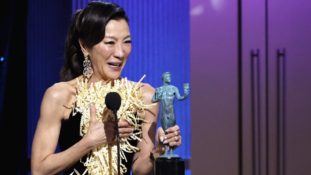 LOS ANGELES, CALIFORNIA - FEBRUARY 26: Michelle Yeoh accepts the Outstanding Performance by a Female Actor in a Leading Role for "Everything Everywhere All at Once" onstage during the 29th Annual Screen Actors Guild Awards at Fairmont Century Plaza on February 26, 2023 in Los Angeles, California. (Photo by Kevin Winter/Getty Images)